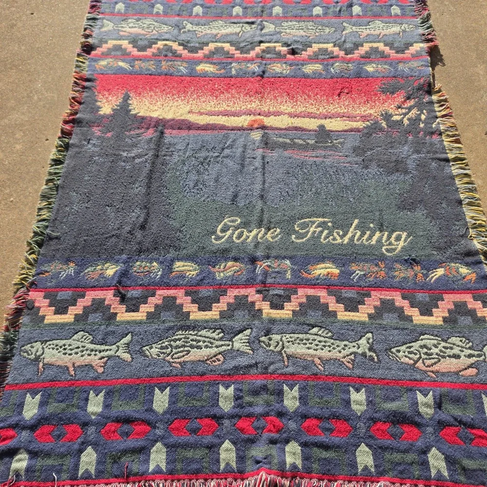 Vintage Gone Fishing Woven Tapestry Throw Blanket Trout Cabin Decor 70x48